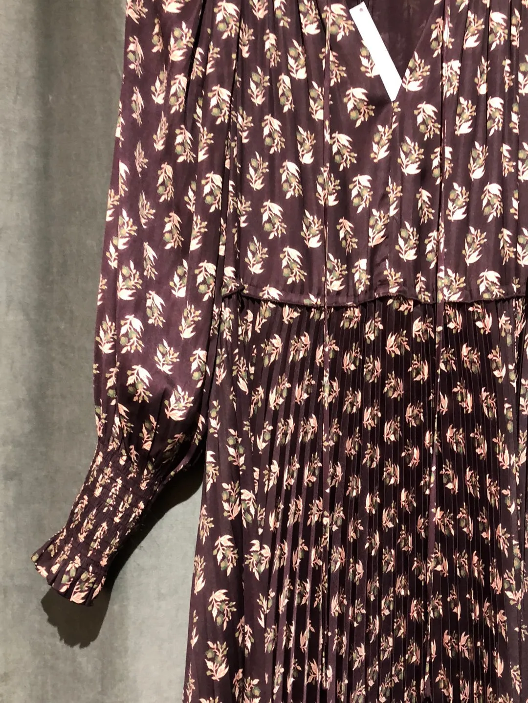 Rebecca Taylor Deep Plum Floral Long Sleeve Pleated Bottom Maxi Dress