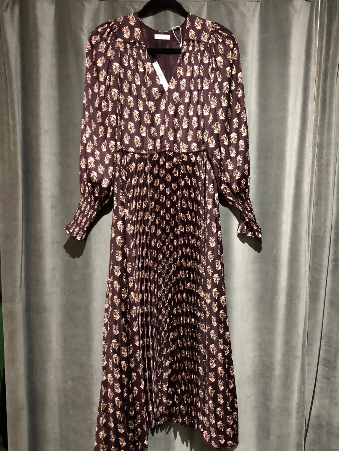 Rebecca Taylor Deep Plum Floral Long Sleeve Pleated Bottom Maxi Dress
