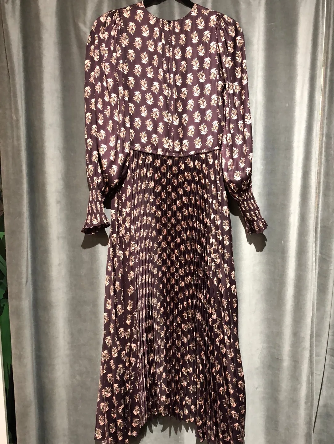 Rebecca Taylor Deep Plum Floral Long Sleeve Pleated Bottom Maxi Dress