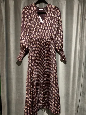 Rebecca Taylor Deep Plum Floral Long Sleeve Pleated Bottom Maxi Dress