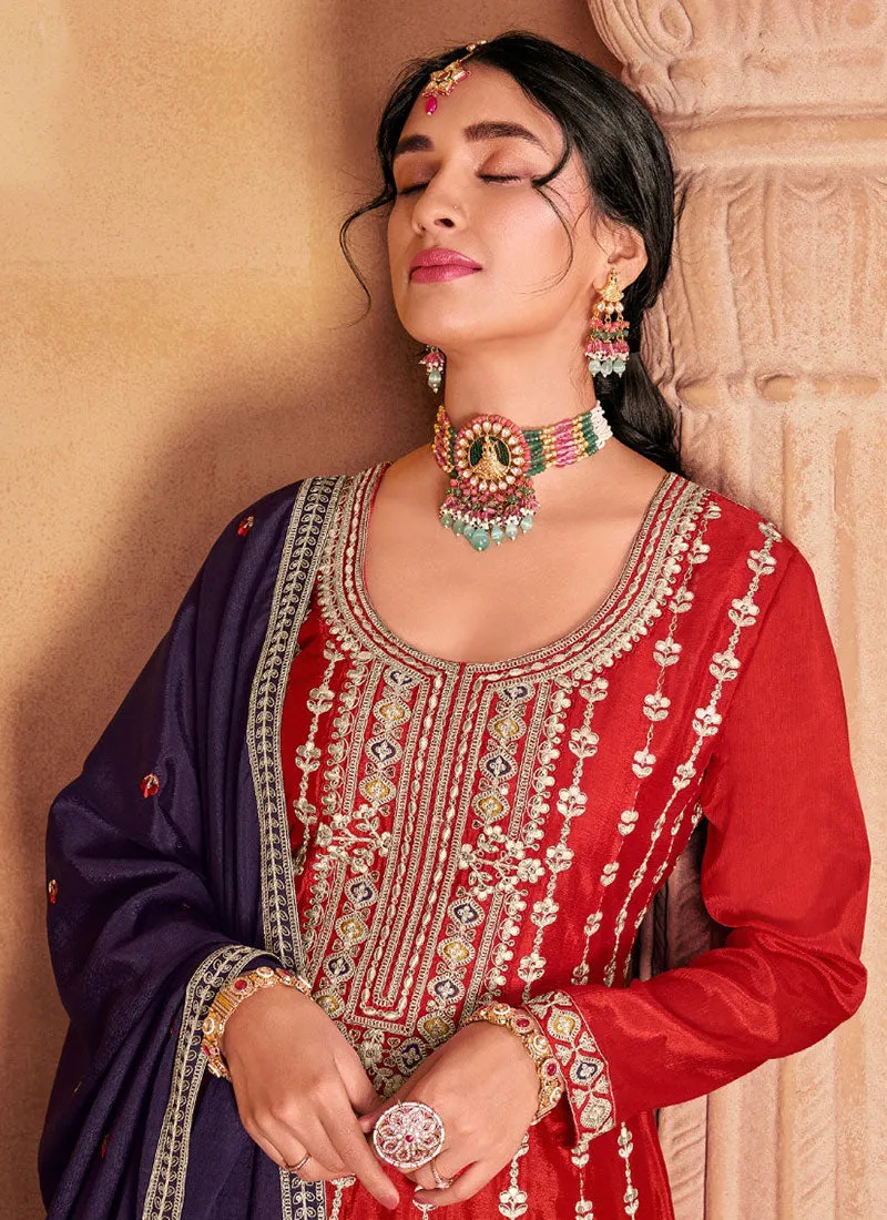 Red And Purple Multi Embroidery Anarkali Palazzo Suit