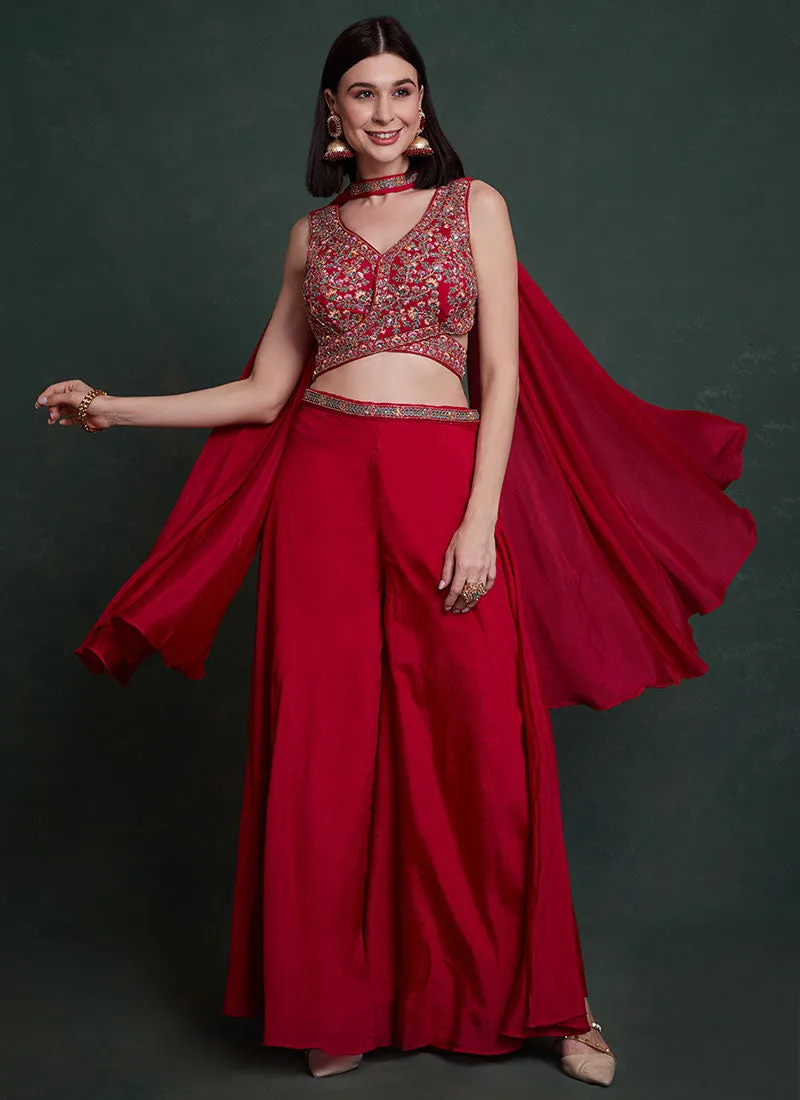 Red Multi Handwork Embroidery Designer Co-Ord Palazzo Set