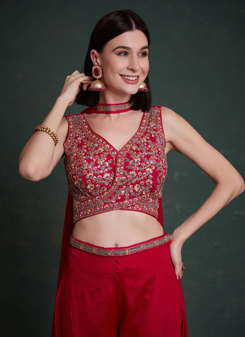 Red Multi Handwork Embroidery Designer Co-Ord Palazzo Set