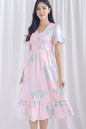 *Restocked* Eirini Lattice Insert Sleeved V Neckline Floral Dress In Pink