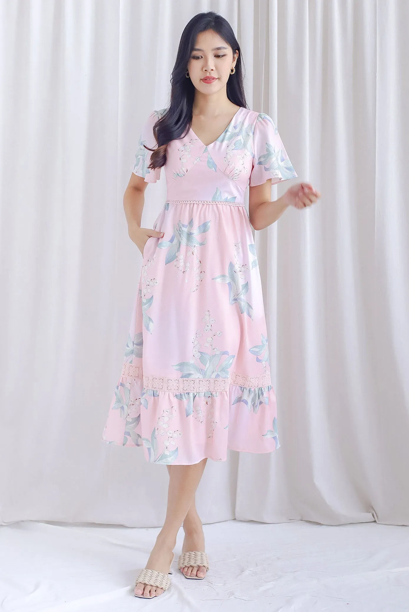 *Restocked* Eirini Lattice Insert Sleeved V Neckline Floral Dress In Pink