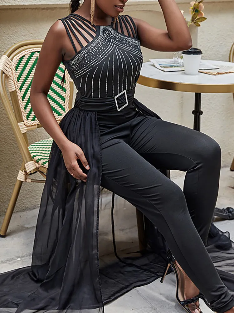 Rhinestone Mesh Sleeveless Jumpsuit