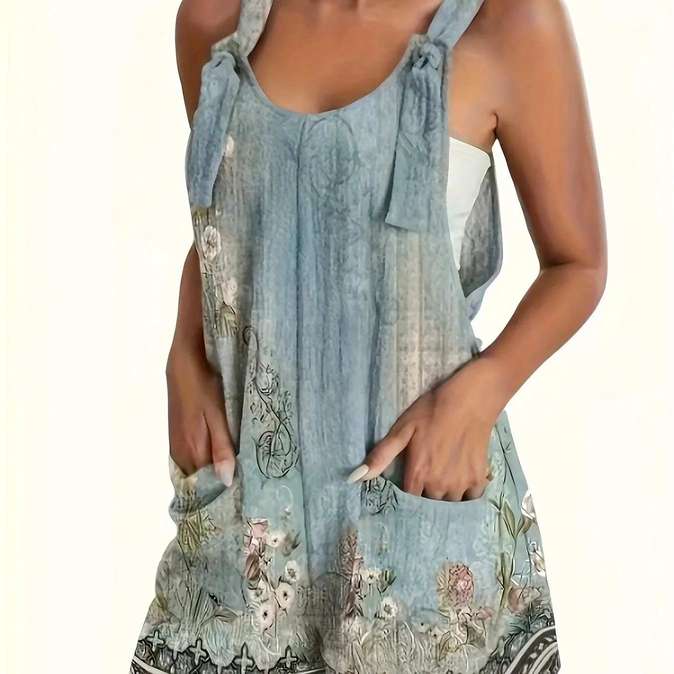 Romper Jumpsuit, Casual Floral Print Patched Pocket Sleeveless Romper Jumpsuits