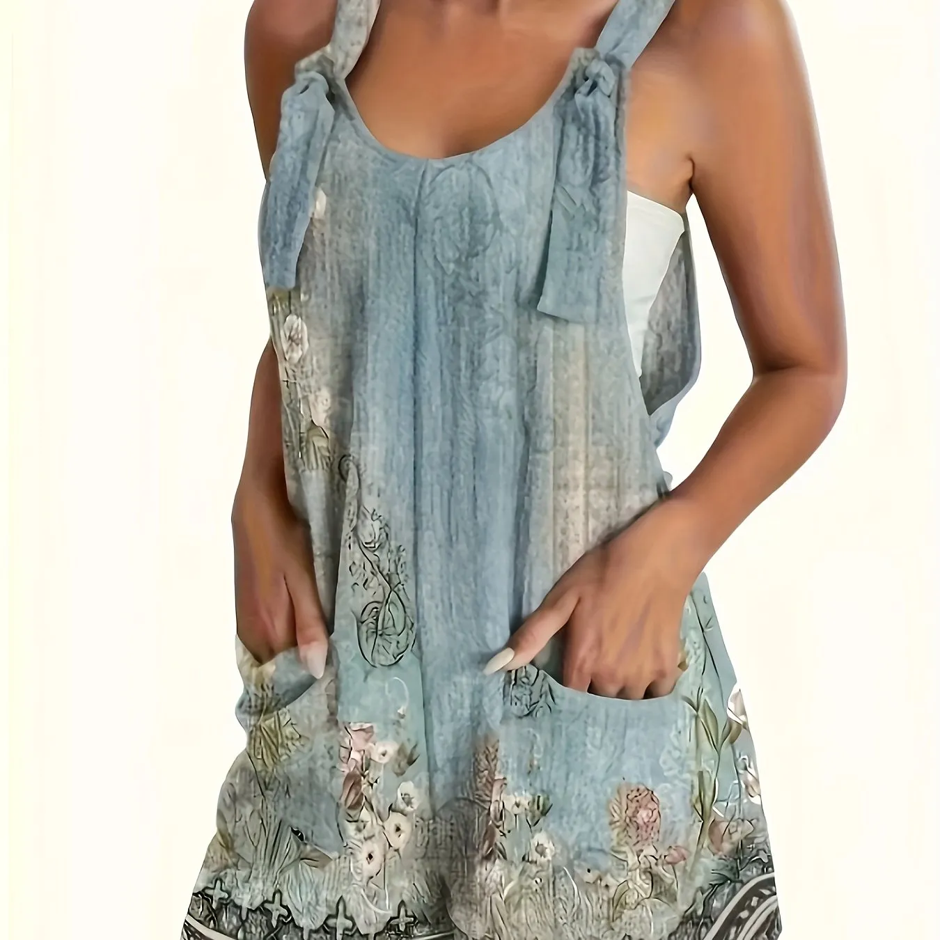 Romper Jumpsuit, Casual Floral Print Patched Pocket Sleeveless Romper Jumpsuits
