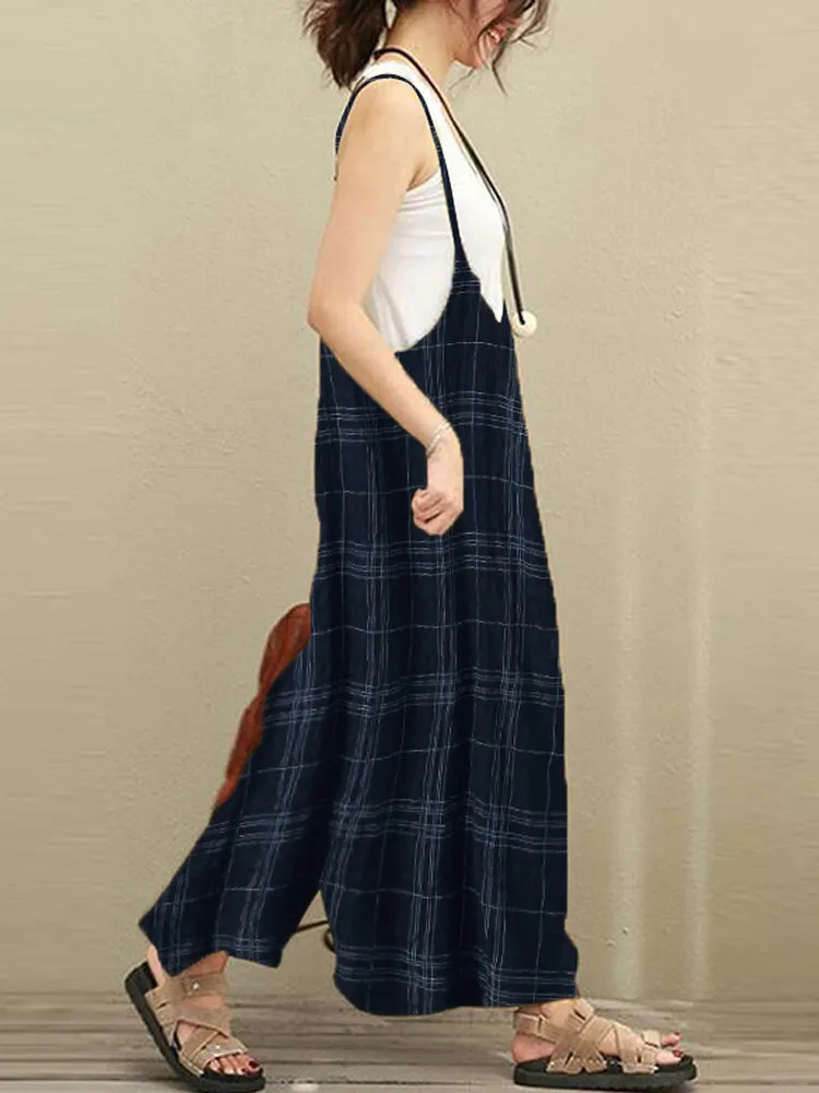 S-5XL Women Sleeveless Strap Plaid Harem Jumpsuits