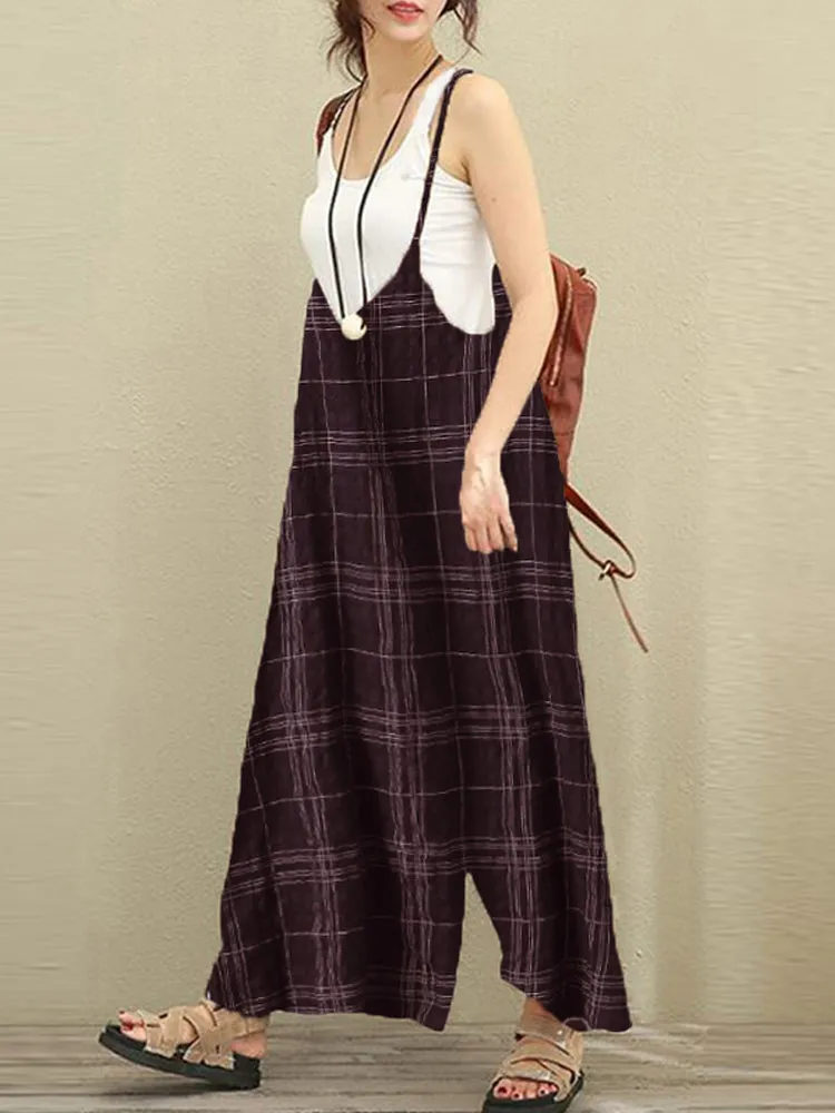 S-5XL Women Sleeveless Strap Plaid Harem Jumpsuits