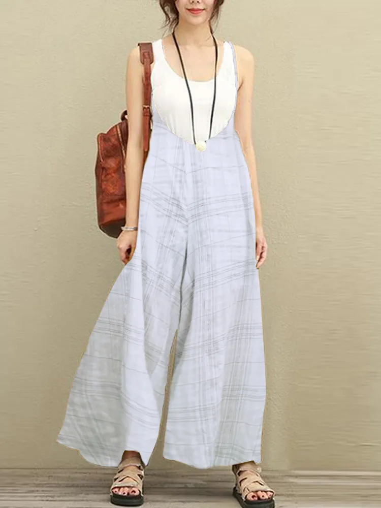 S-5XL Women Sleeveless Strap Plaid Harem Jumpsuits