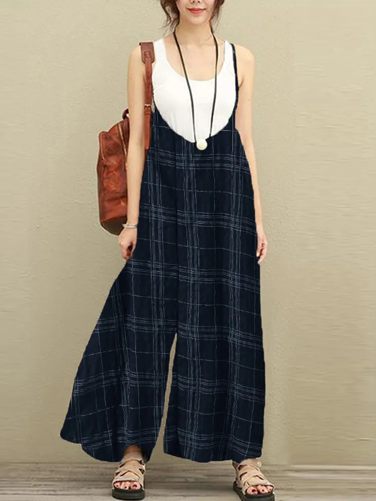 S-5XL Women Sleeveless Strap Plaid Harem Jumpsuits