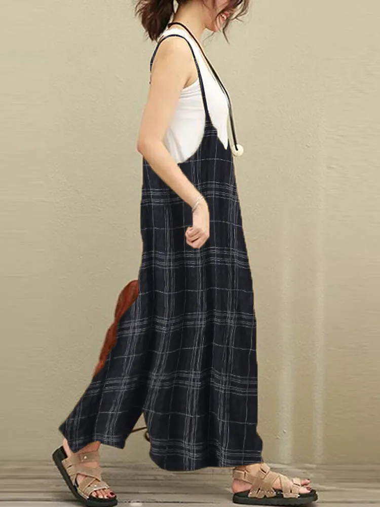 S-5XL Women Sleeveless Strap Plaid Harem Jumpsuits