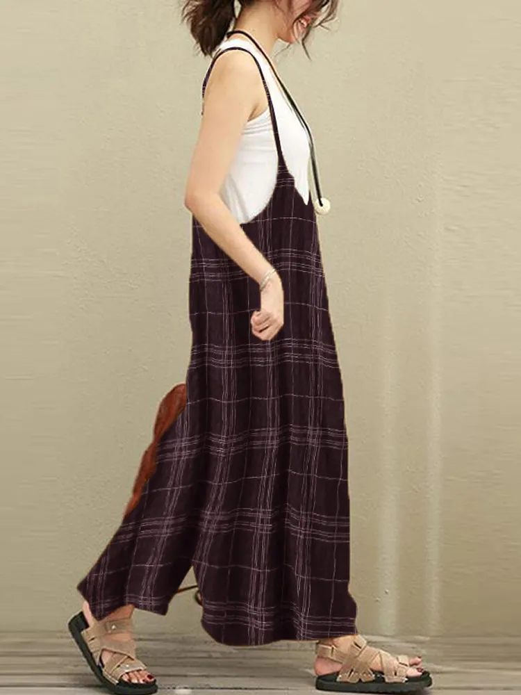 S-5XL Women Sleeveless Strap Plaid Harem Jumpsuits