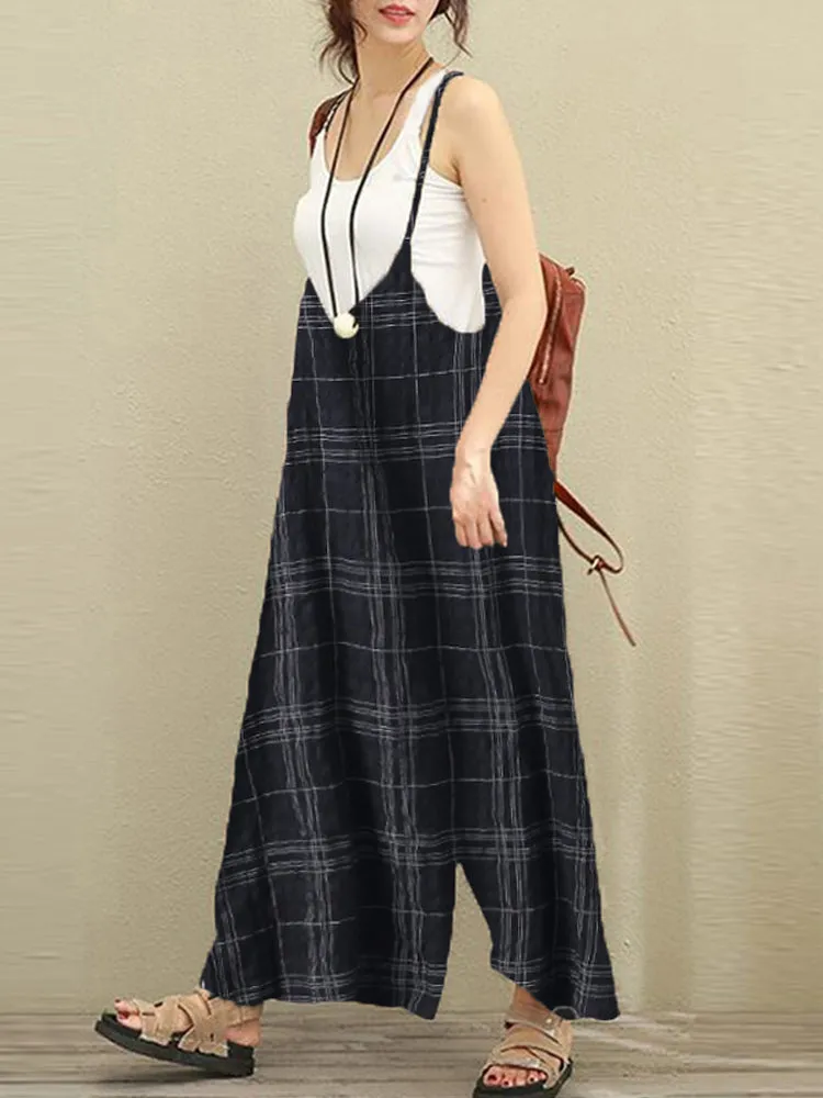 S-5XL Women Sleeveless Strap Plaid Harem Jumpsuits