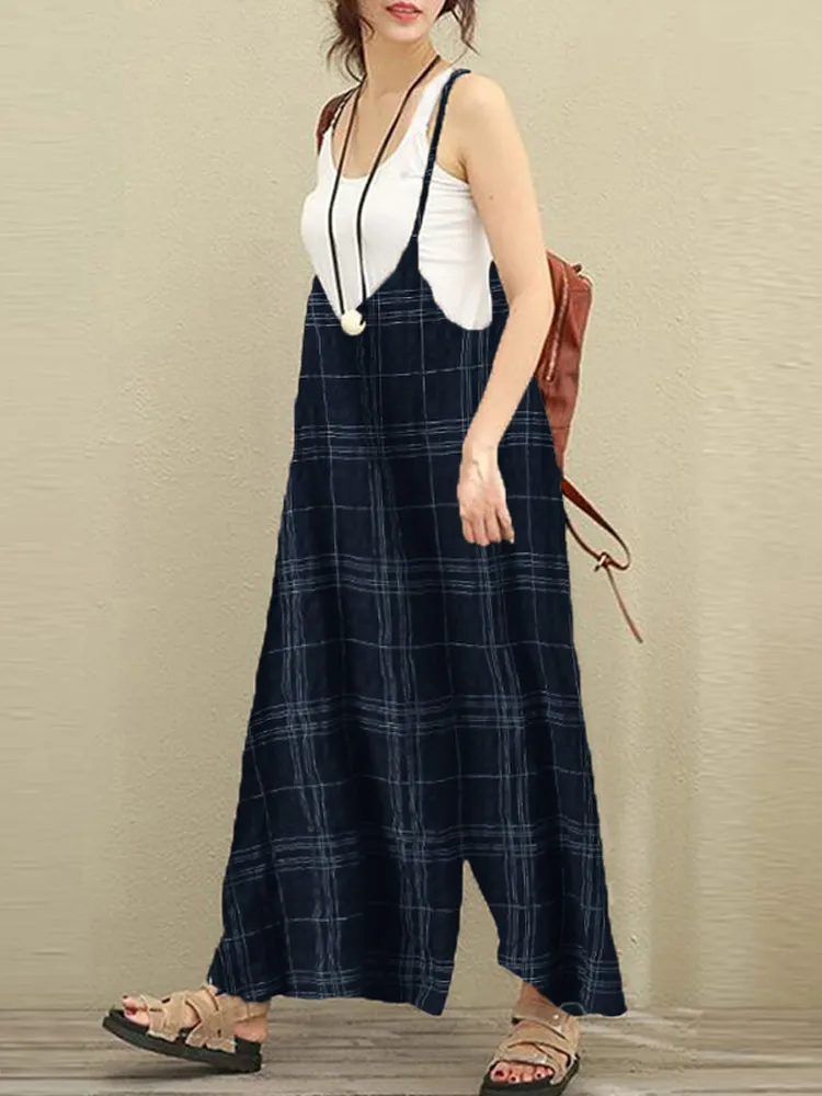 S-5XL Women Sleeveless Strap Plaid Harem Jumpsuits