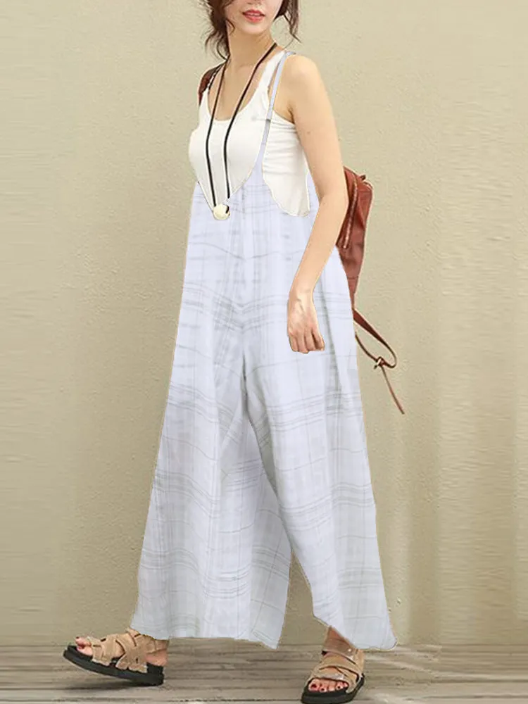 S-5XL Women Sleeveless Strap Plaid Harem Jumpsuits