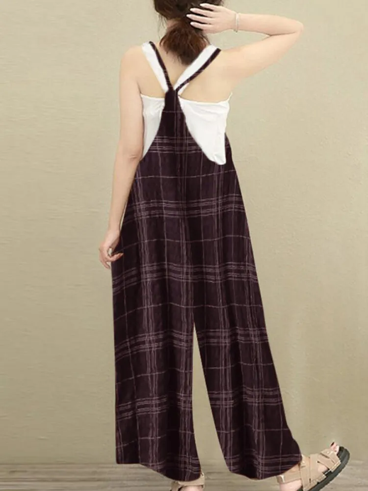 S-5XL Women Sleeveless Strap Plaid Harem Jumpsuits