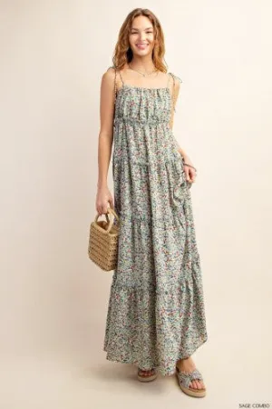 Sage Mini Floral Tiered Maxi Dress