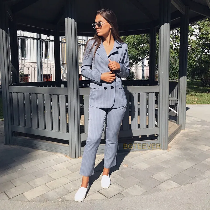 Sets Double Breasted Striped Blazer Jacket & Zipper Trousers