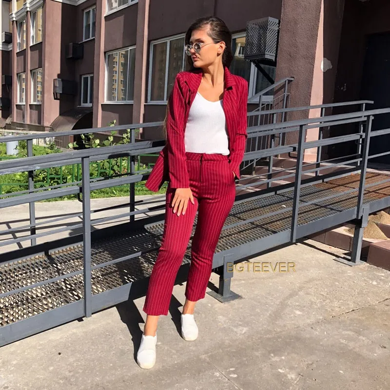 Sets Double Breasted Striped Blazer Jacket & Zipper Trousers