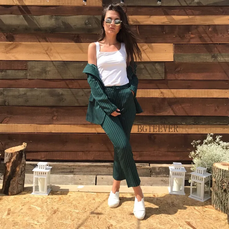 Sets Double Breasted Striped Blazer Jacket & Zipper Trousers