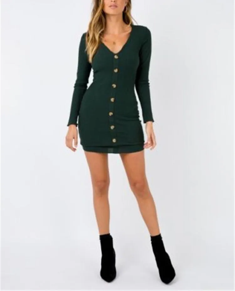 Sexy Deep V Button Contrast Color Long Sleeve Tight-fitting Hip Dress