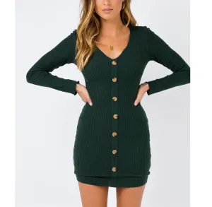 Sexy Deep V Button Contrast Color Long Sleeve Tight-fitting Hip Dress
