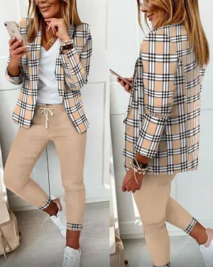 Shawl Collar Single Button Blazer & Plaid Pants Set