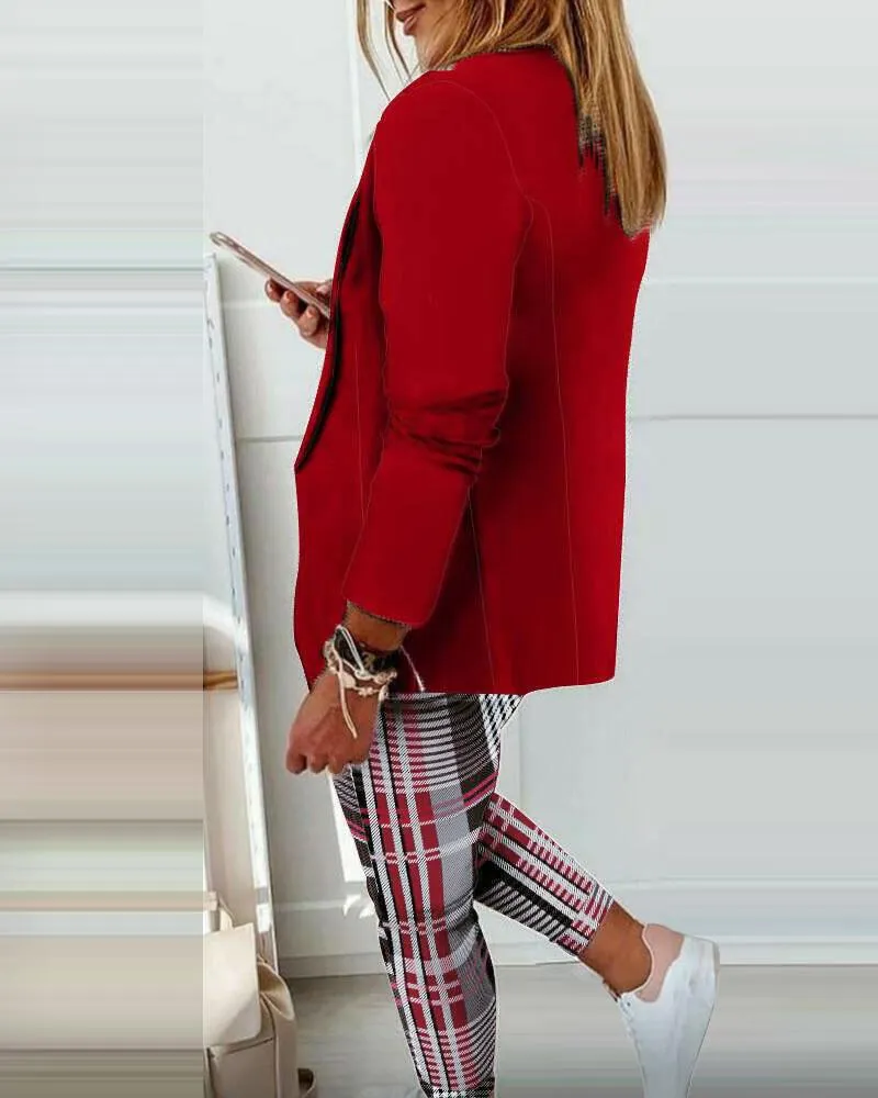 Shawl Collar Single Button Blazer & Plaid Pants Set