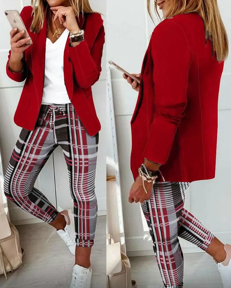 Shawl Collar Single Button Blazer & Plaid Pants Set