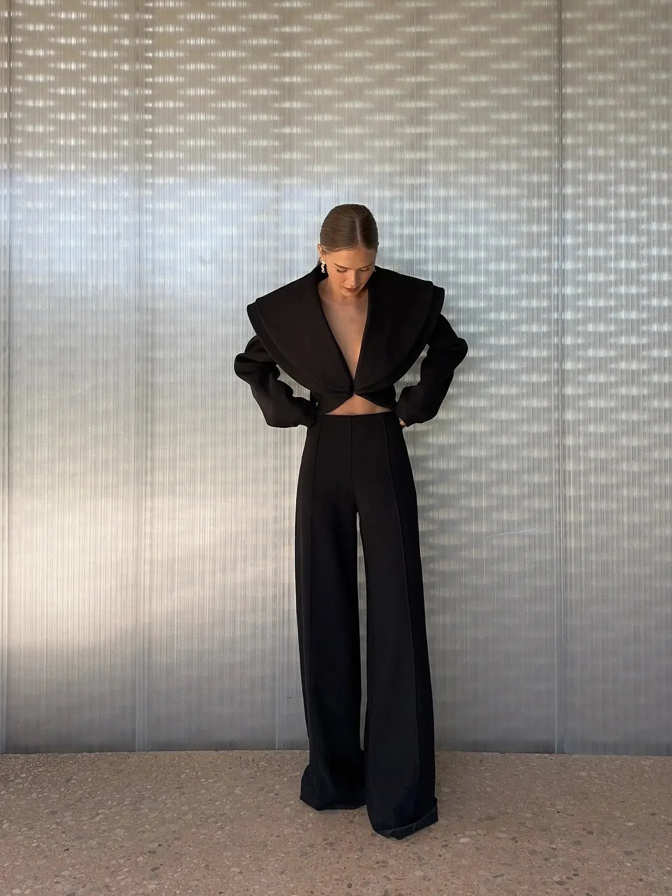 Short Blazer  High Waist Pants Set - Solid Color Special Collar Outfit