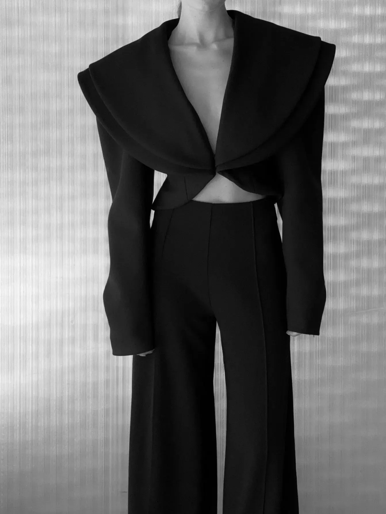 Short Blazer  High Waist Pants Set - Solid Color Special Collar Outfit