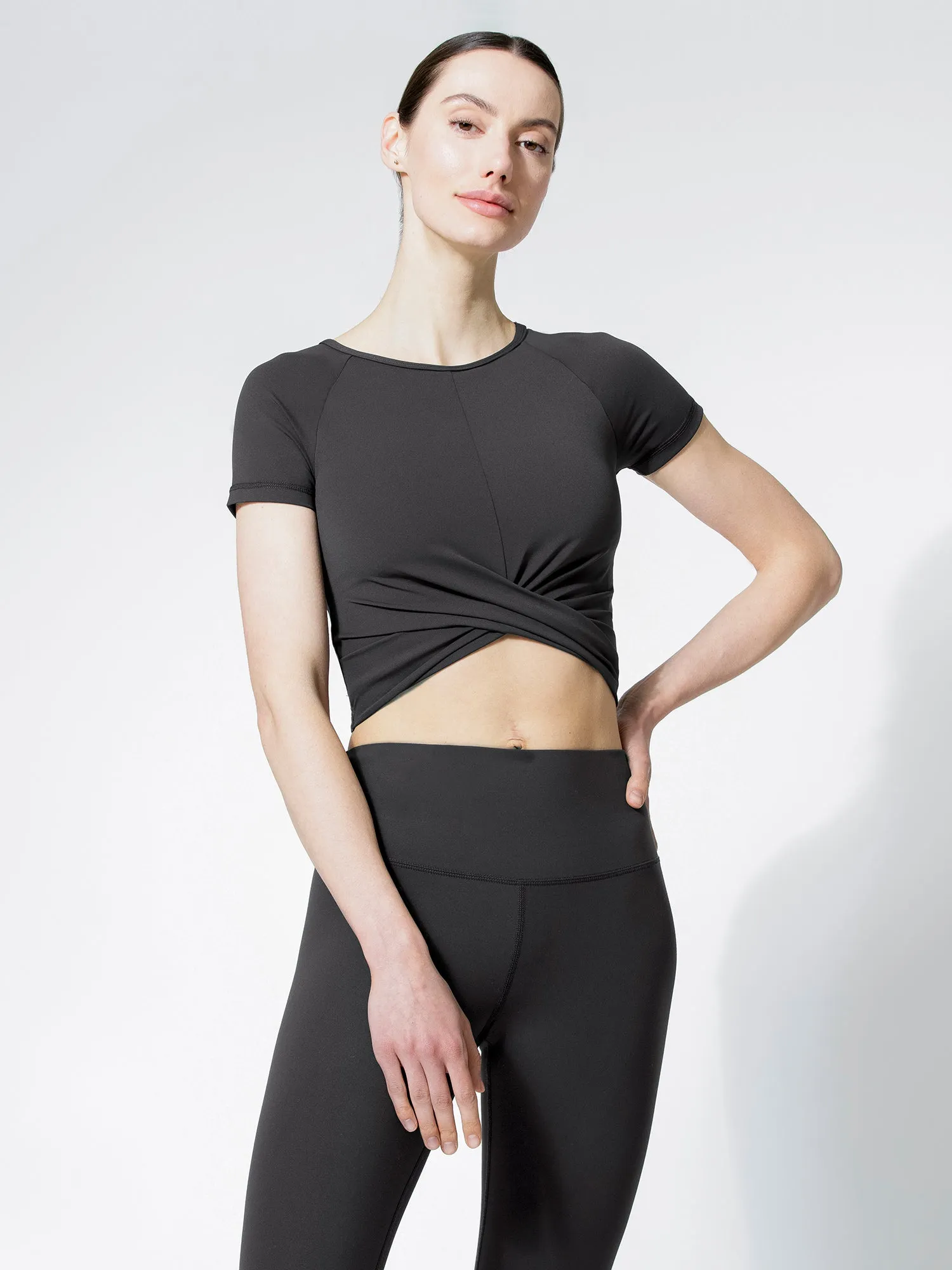 SHORT SLEEVE NUDE FRONT WRAP TEE, LIMESTONE