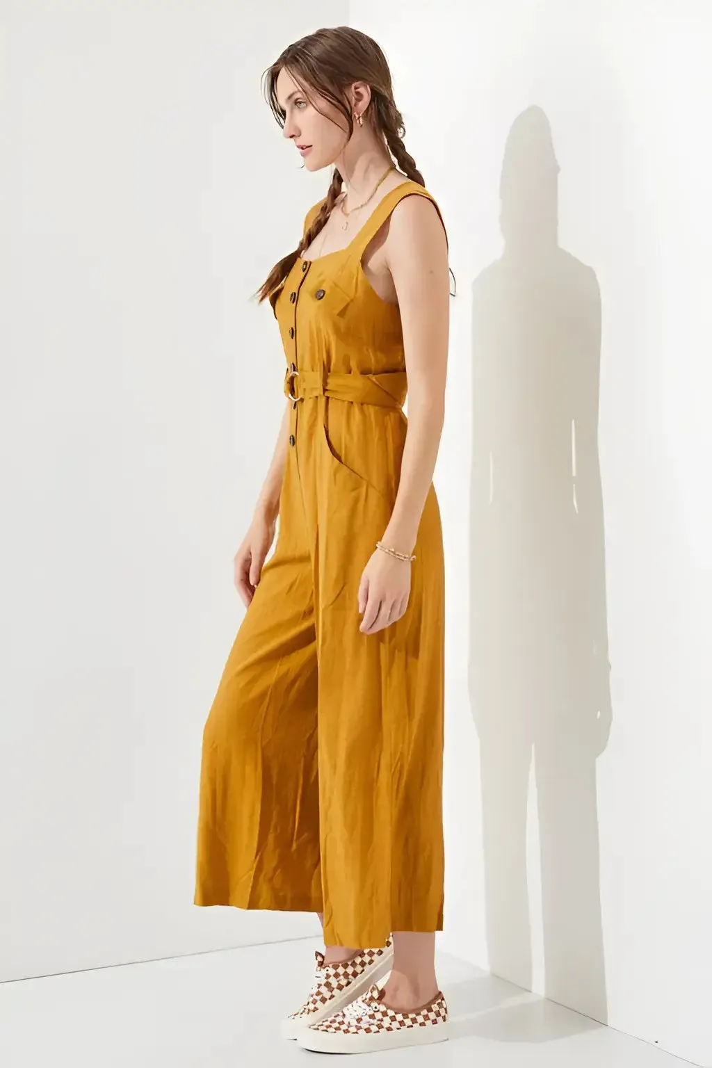 SLEEVELESS SQUARE NECK BUTTON DOWN ANKLE JUMPSUIT