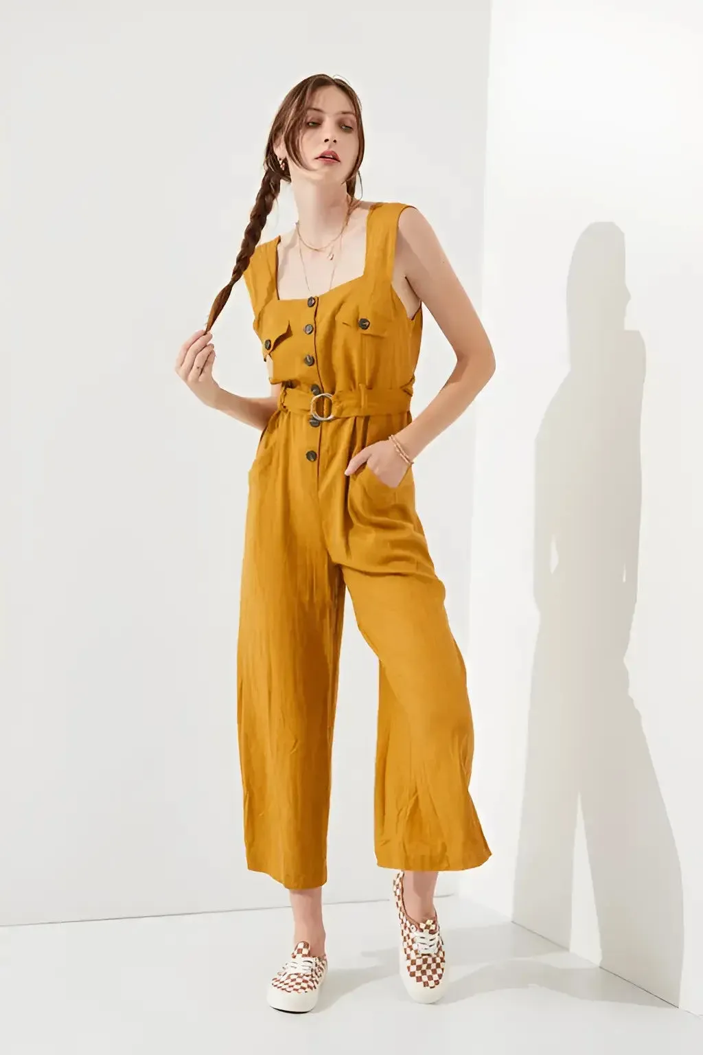 SLEEVELESS SQUARE NECK BUTTON DOWN ANKLE JUMPSUIT
