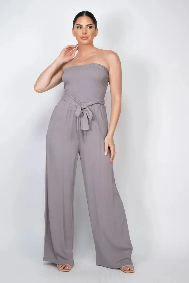 SMOCKED RUFFLED TUBE WAIST-TIE JUMPSUIT