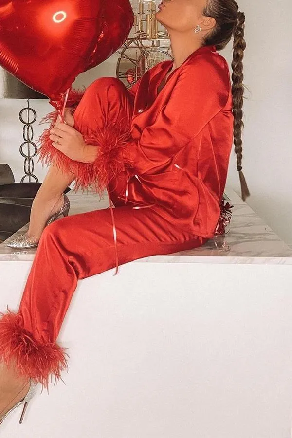 Solid Color Lapel Feather Trousers Two-piece Suit