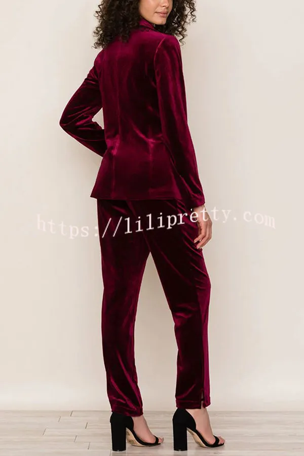 Solid Color Velvet Long-sleeve Blazer and Elastic Waist Pocket Pants Set