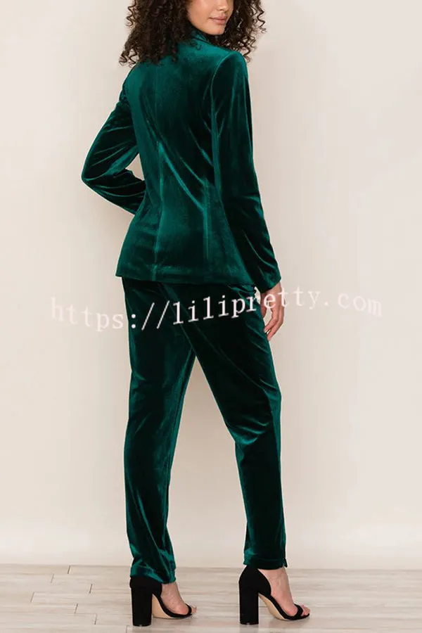 Solid Color Velvet Long-sleeve Blazer and Elastic Waist Pocket Pants Set