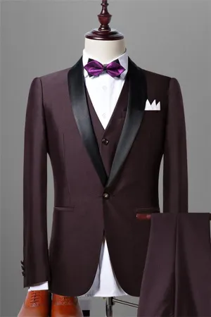 Solid Dark Maroon Wedding Tuxedos for Men Slim Fit Three-pieces Dress Marriage Suits