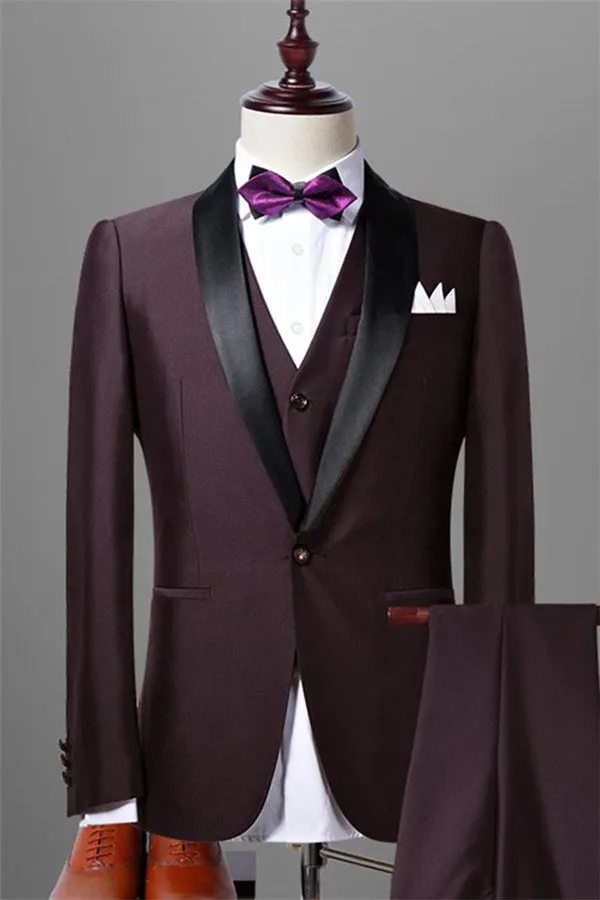 Solid Dark Maroon Wedding Tuxedos for Men Slim Fit Three-pieces Dress Marriage Suits
