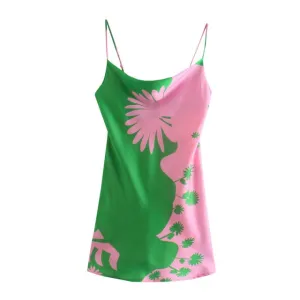 Spaghetti Strap Satin Graphic Print Mini Dress