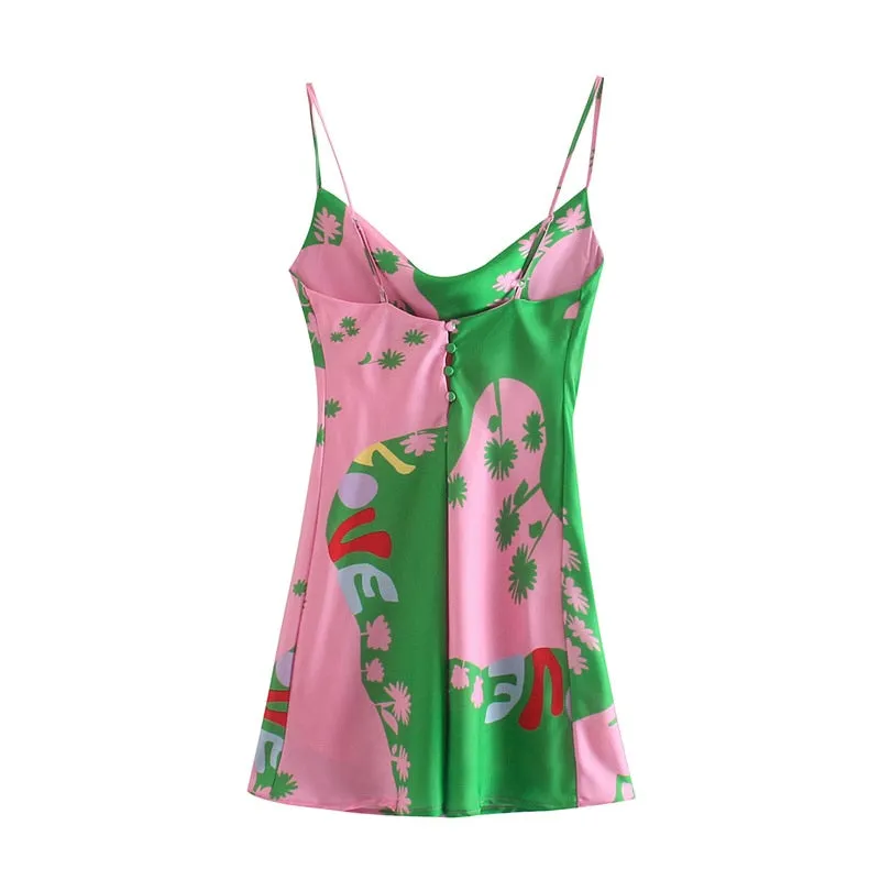 Spaghetti Strap Satin Graphic Print Mini Dress
