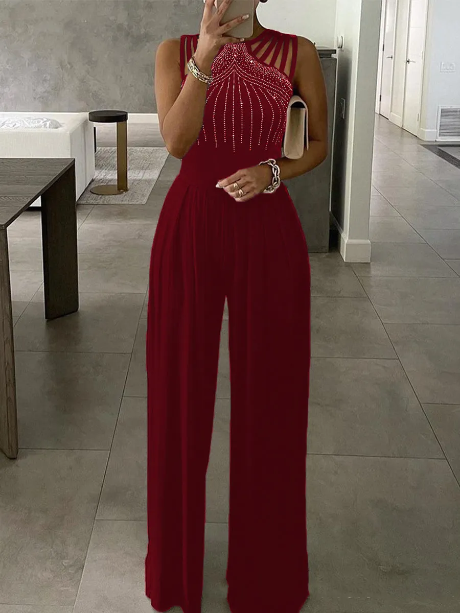 Studded Cutout Ruched Sleeveless High Waisted Wide Leg Long Pants Jumpsuits
