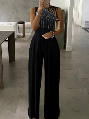 Studded Cutout Ruched Sleeveless High Waisted Wide Leg Long Pants Jumpsuits