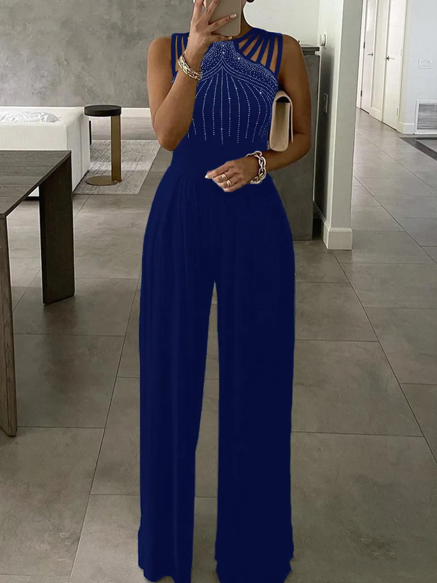 Studded Cutout Ruched Sleeveless High Waisted Wide Leg Long Pants Jumpsuits