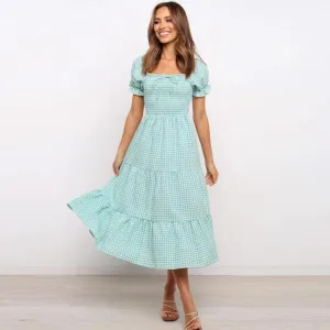 Sweet High Waist Light Green Plaid Long Dresses