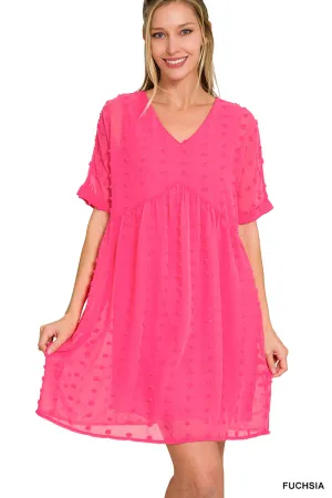 SWISS DOT BABYDOLL V-NECK DRESS-FUSCHSIA
