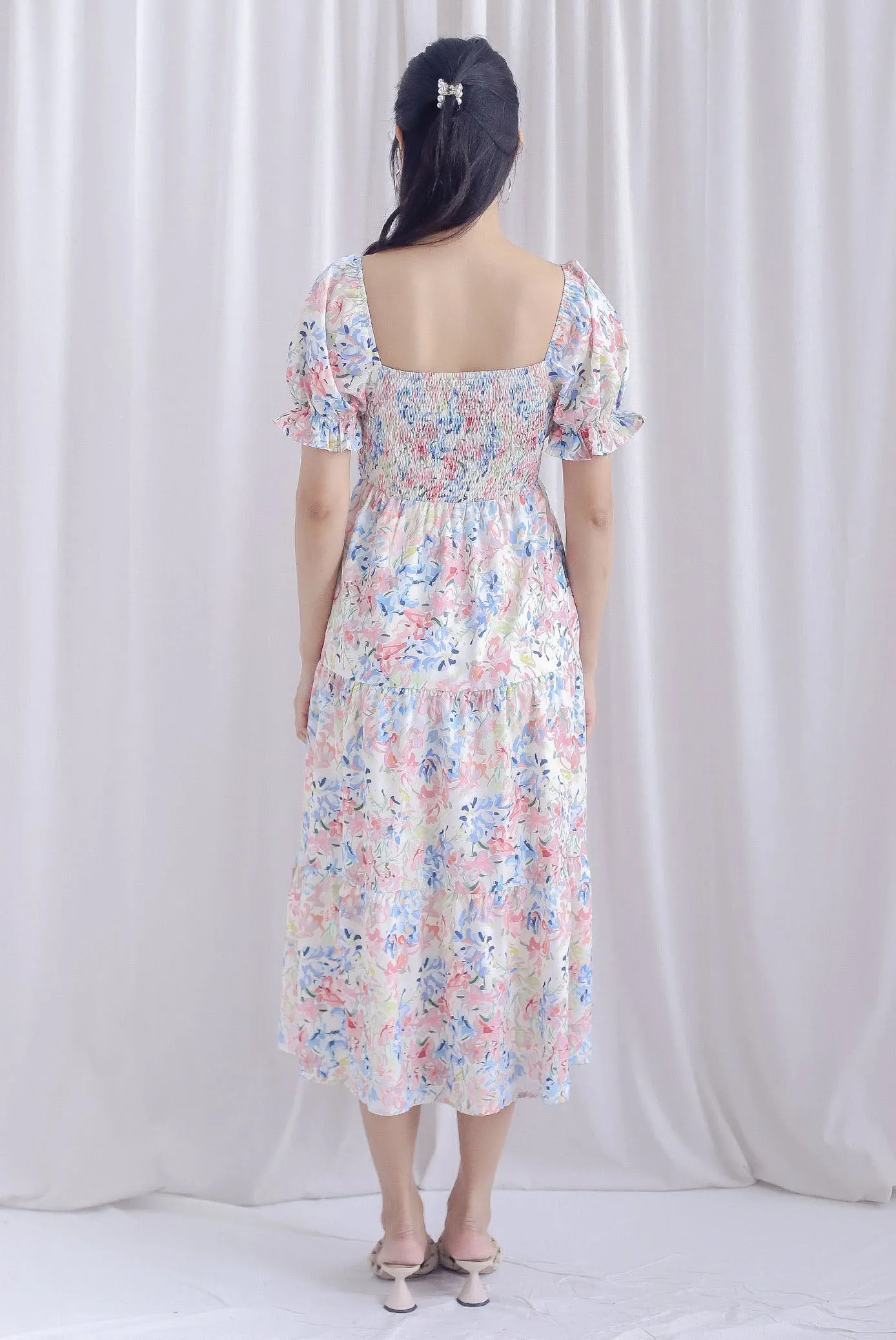 TDC Aurora Floral Puffy Sleeve Smocked Maxi Dress In Vibrant